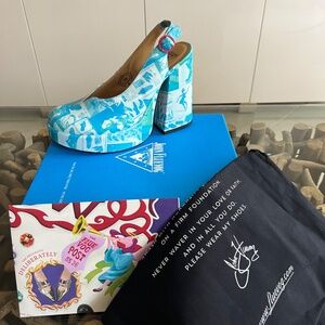 JOHN FLUEVOG Lasting Impressions Ternura Newsprint Platform Slingback Heel Shoes